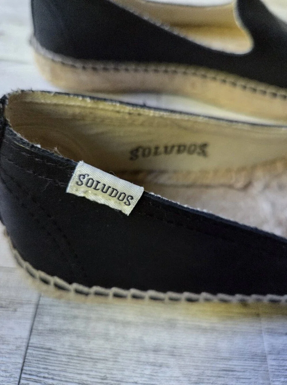 Soludos Black Leather Espadrille Flats Slip On Loafers Size 8